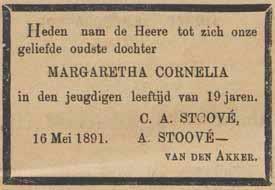 Rouwadvertentie in de Weekbode voor de oudste dochter, Margaretha Cornelia, overleden 16 mei 1891