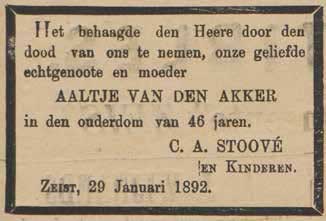 Rouwadvertentie in de Weekbode voor Aaltje van den Akker, overleden 29 januari 1892