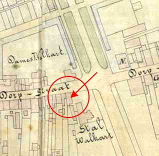 Uitsnede van de kaart van Zeist uit 1885 met daarop aangegeven het winkelwoonhuis en de bakkerij van C.A.Stoové, 2e Dorpsstraat 31–31a, Zeist